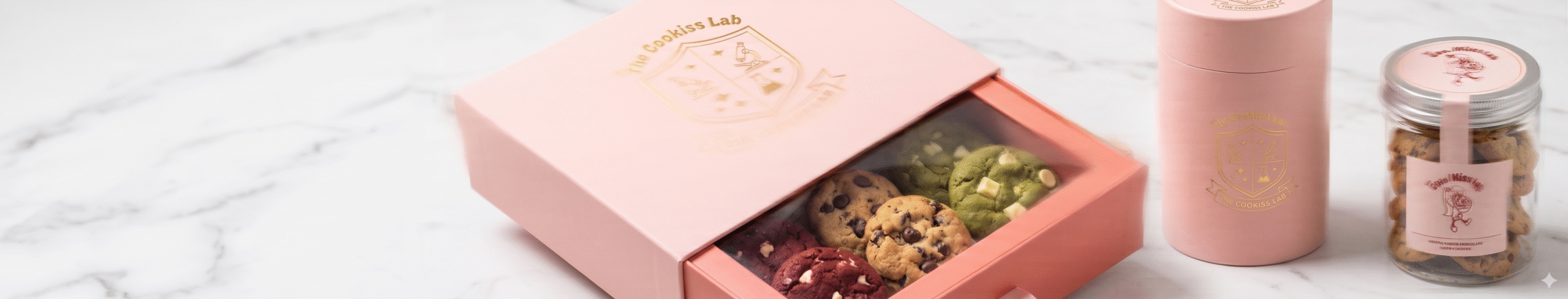 Kemasan cookies premium berwarna pink dengan logo mewah dari The Cookiss Lab untuk menjaga kesegaran produk.