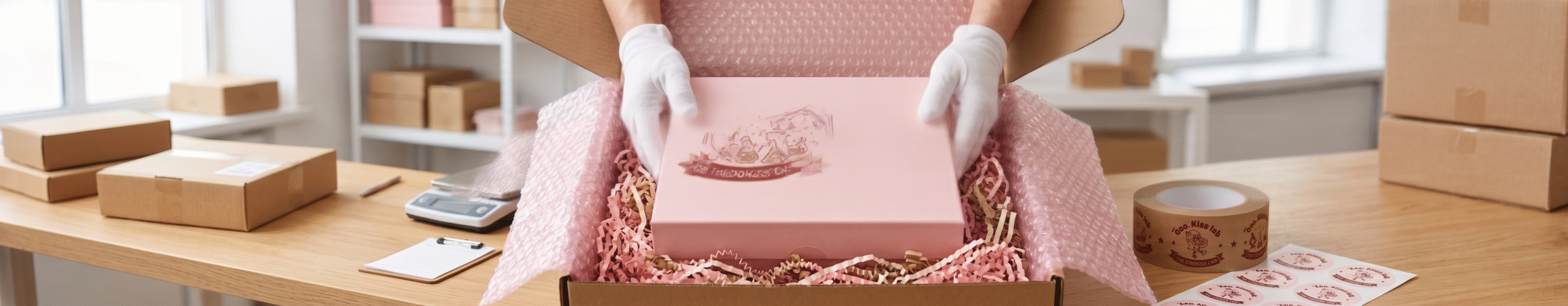 Proses pengemasan aman boks cookies premium The Cookiss Lab menggunakan bubble wrap pink untuk menjaga kualitas saat pengiriman online.
