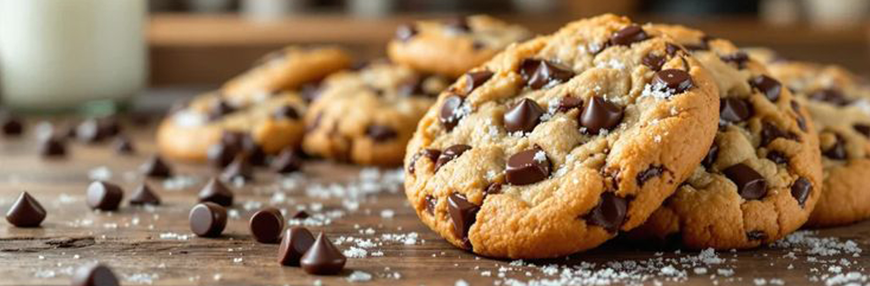 Cookies chocolate chip premium dengan lelehan cokelat di atas meja kayu dan suasana hangat dapur