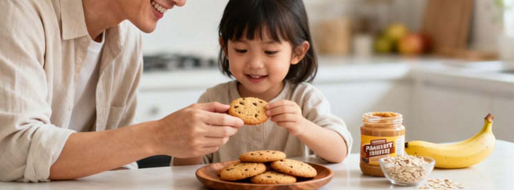 Seorang anak dan orang dewasa menikmati chocolate chip cookies bersama di meja makan
